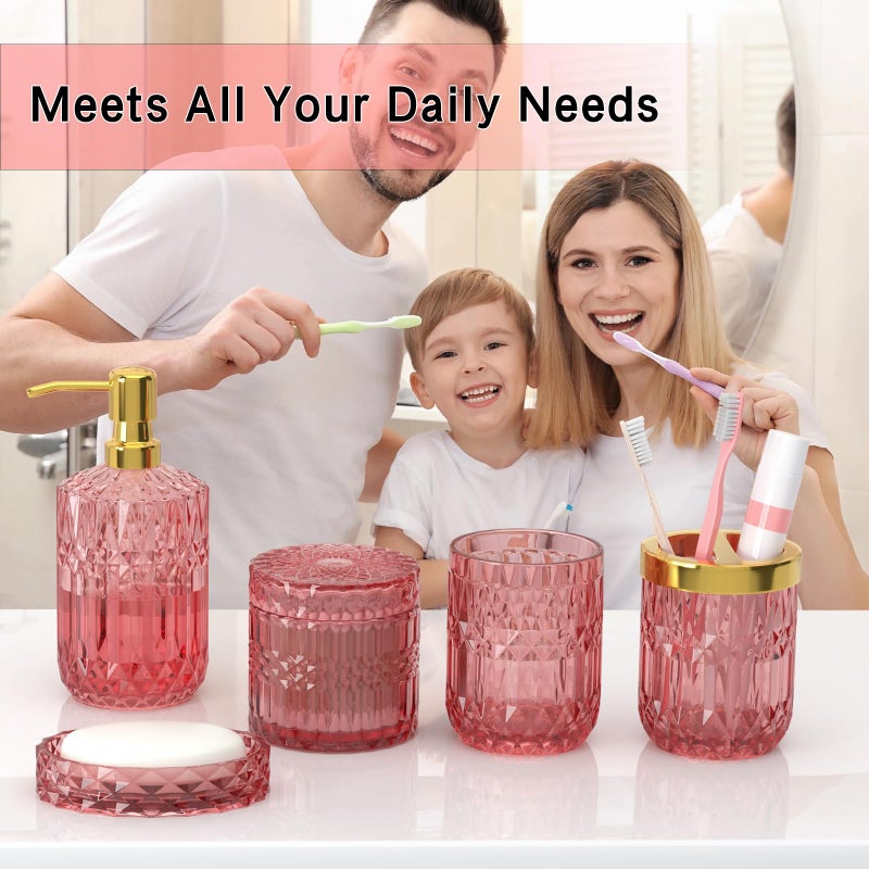 QIQU New Pink Bathroom Accessories Set  5 Pcs Clear Glass Bathroom Accessories Sets with Lotion Soap Dispenser  Soap Dish  Toothbrush Holder  Bathroom Tumbler  Cotton Swab Jars  Perfect for Bathroom Decor - Image 2